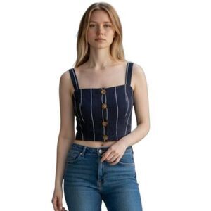 COTTON ON DENIM BLUE & WHITE STRIPE BUTTON FRONT CROP TOP SZ.S EUC.